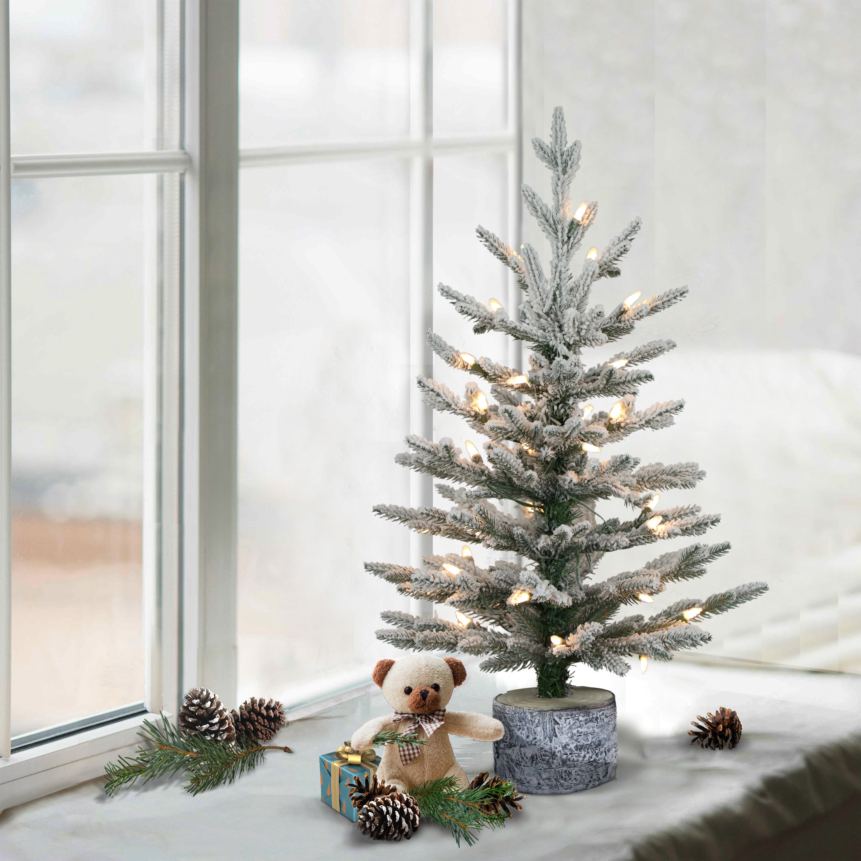 2ft Pre-Lit Potted Flocked Arctic Fir Christmas Tree